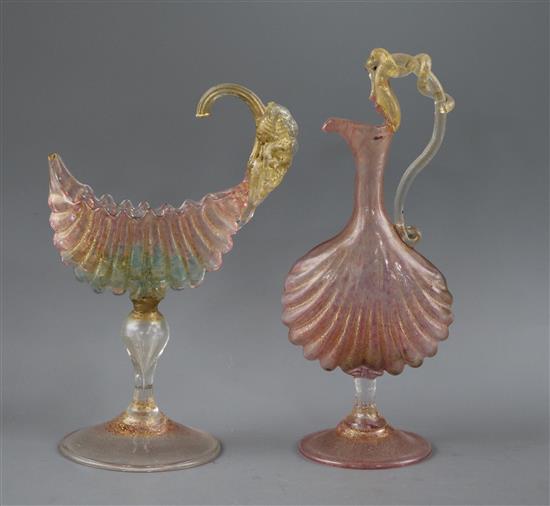 A Venetian glass jug and a similar jug with swan handle tallest 21cm